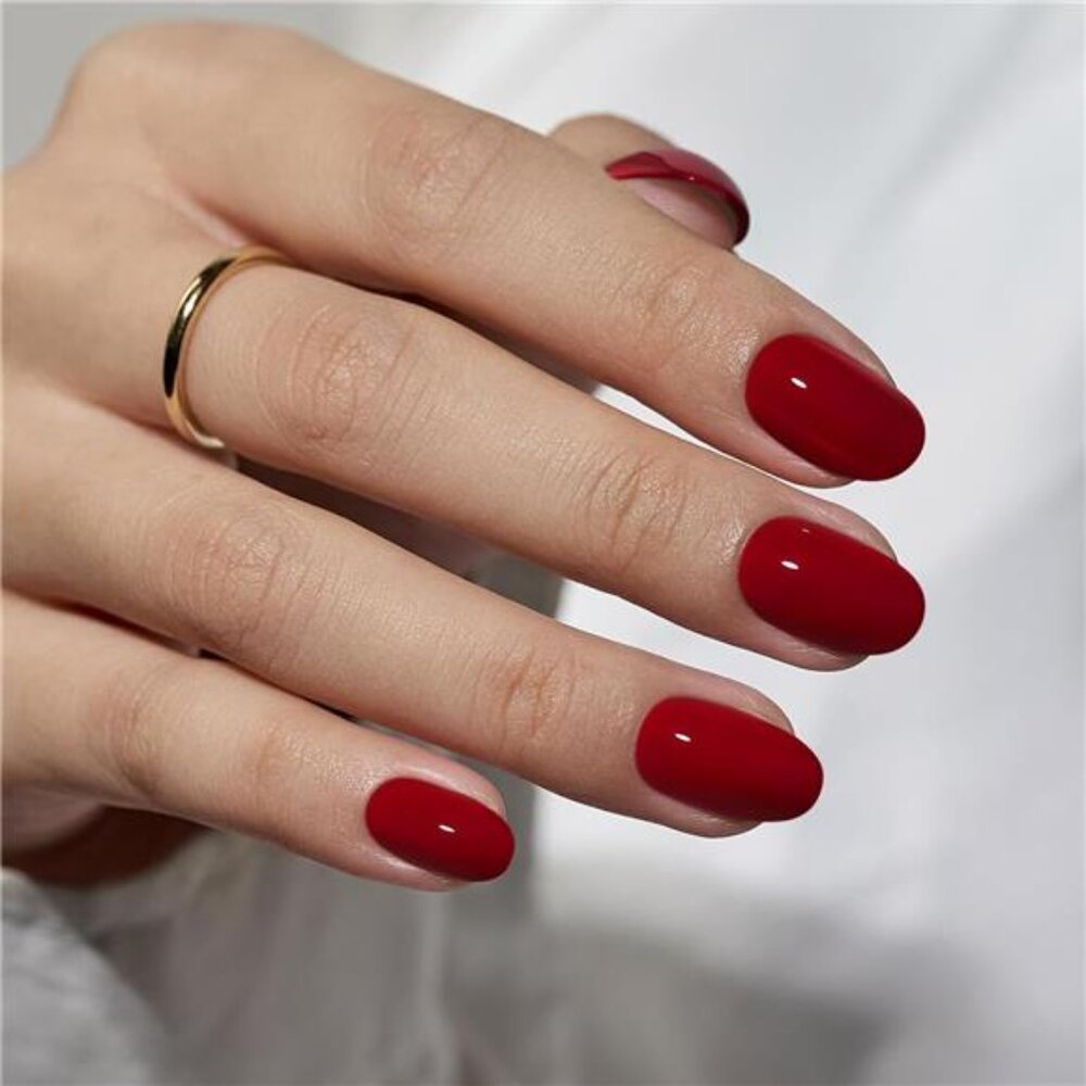 Press On Nails Short - Red Press on Nails Short Oval Nails Fall Fake Nail